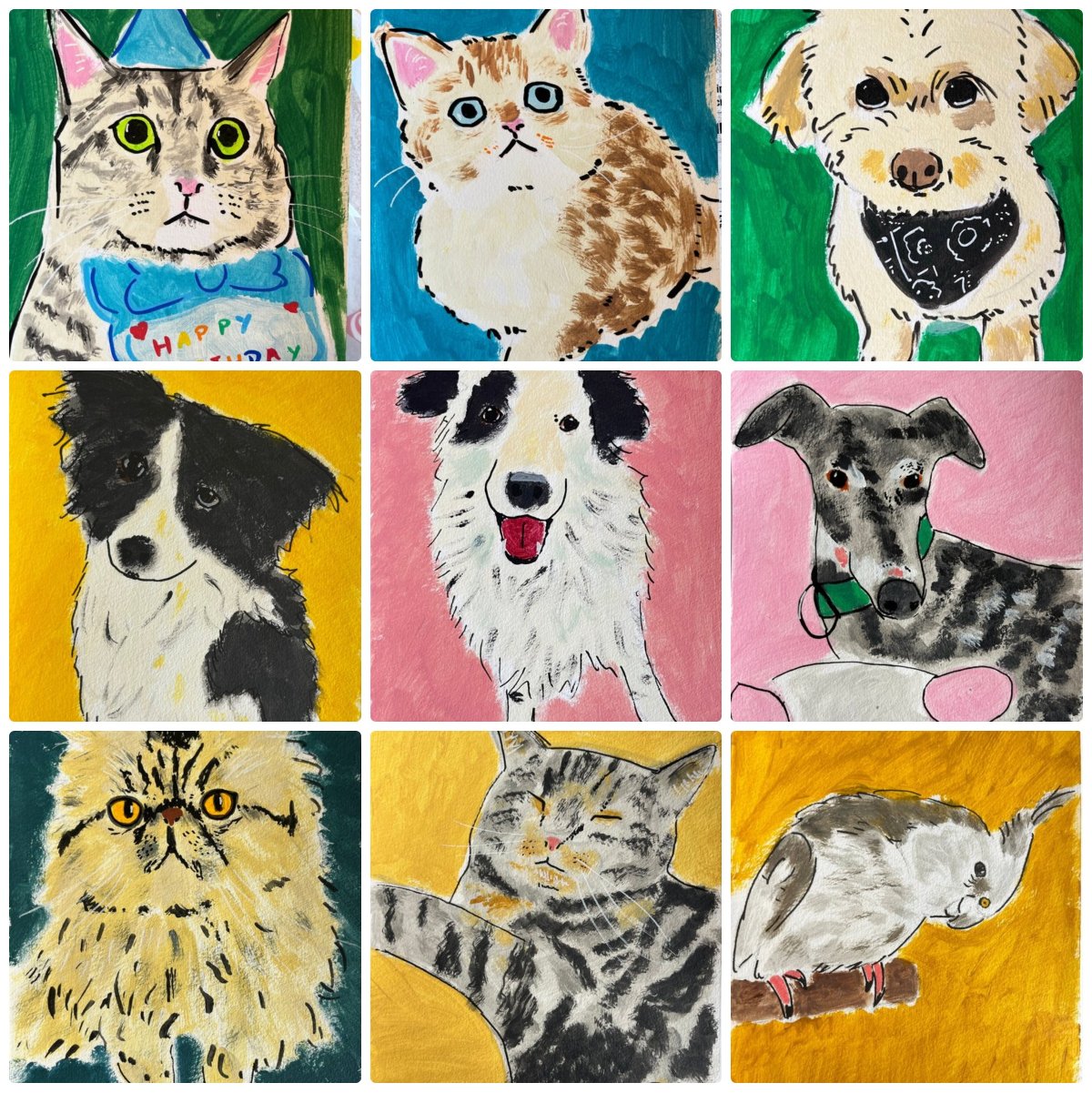 Grille de 9 portraits d'animaux peints, fonds colores